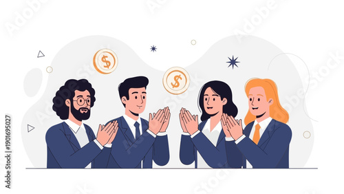 Diverse Business Team Applauding Success with Falling Coins