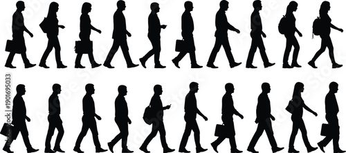 People walking silhouette set, business crowd vector illustration, men women side view, commuting lifestyle black figures collection design