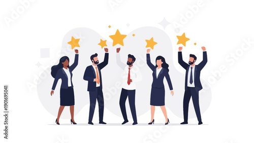 Diverse business team celebrating success with golden stars, teamwork and achievement concept