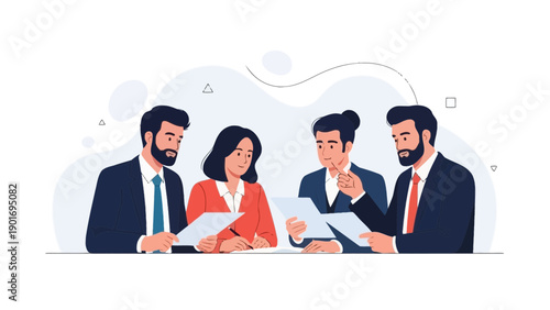 Diverse business team collaborating on documents in a modern office setting.