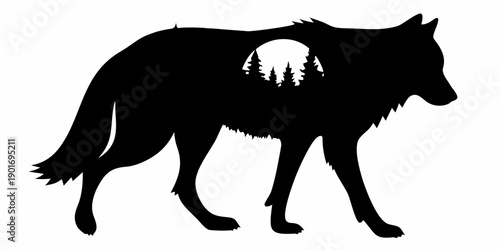 Majestic wolf silhouette with forest landscape inside