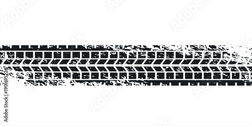 Distressed tire track impression, a heavy vehicle mark on white, symbolizing rugged terrain and journey