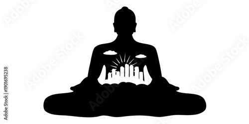 Meditating businessman in lotus position with cityscape
