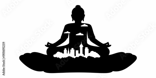 Serene Buddha silhouette meditates amidst cityscape and clouds