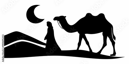 Silhouette of person leading camel under crescent moon in desert