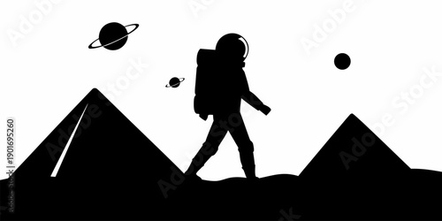 Astronaut exploring alien landscape with planets and mountains