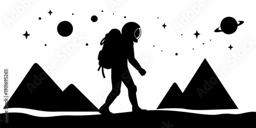 Astronaut exploring distant mountains under starry night sky with planets