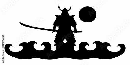 Samurai warrior standing on waves with sword and sun