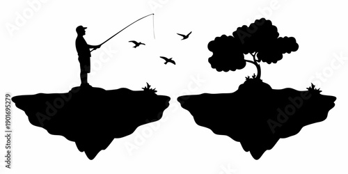 Man fishing on cliff with birds flying overhead peacefully