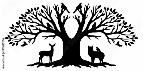 Animals gather under a tree in harmony with nature