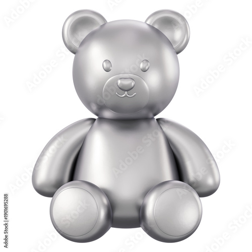 Silver teddy bear 3D illustration. Cute chrome toy with glossy metallic finish for luxury gift, 25th anniversary, silver jubilee and modern art toy decor. Isolated 3D, polished robot figurine.