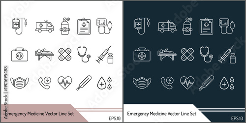 Emergency Medicine Vector Line Icon Set for Hospital and Healthcare