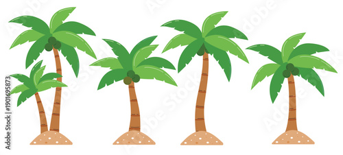 Palm tree flat drawing clipart set. Tropical Palm tree cartoon clip art botanical coconut trees for island and beach tall green plant collection vector illustration.
