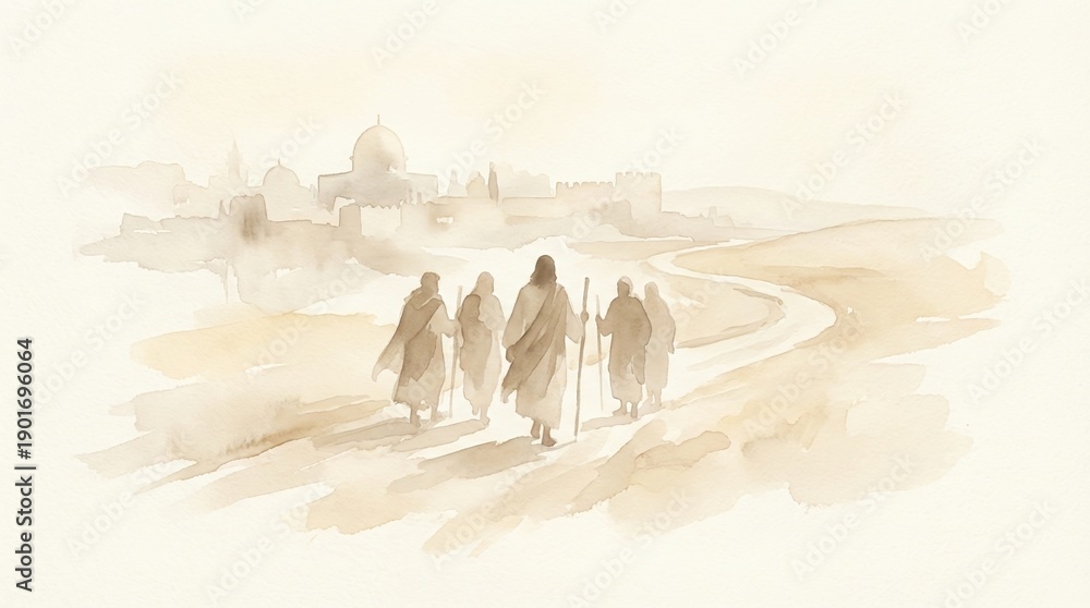 Obraz premium Easter Christ Jesus Jerusalem religious watercolor journey disciples walking towards the ancient holy city on a path of faith in this spiritual sepia illustration art piece.