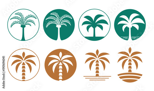 Palm tree logo clipart set. Green and orange palm tree logotype design clip art flat drawing and silhouette coconut trees icon design collection vector illustration.
