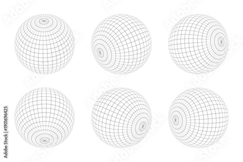 Black wireframe sphere collection with grid variations. Abstract geometric grid line art ball design.