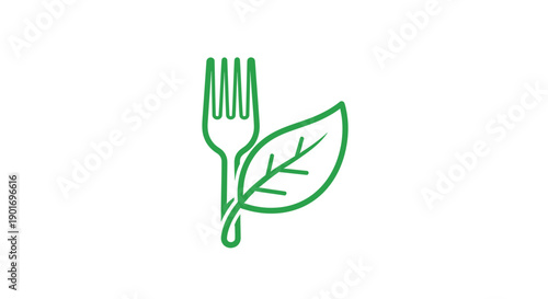 Green Fork and Leaf Icon Illustrates Vegetarian Cuisine and Healthy Dietary Choices