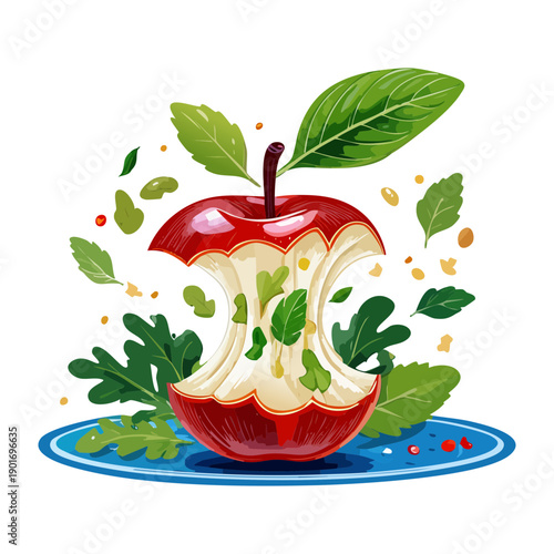 Red Apple Core With Green Leaves For Healthy Food And Sustainability Concept Art On White Surface - Vector Illustration