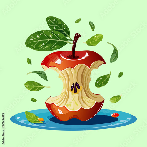 Eaten Apple Core With Green Leaves On Light Blue Surface For Healthy Eating And Nutrition Concept - Vector Illustration