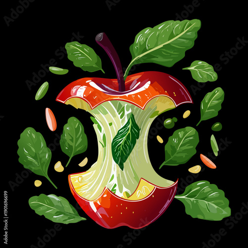 Red Apple Core Leftover With Green Leaves On Dark Surface For Healthy Snack And Waste Concept - Vector Illustration