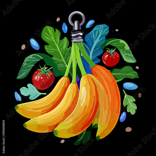 Hanging Bunch Of Ripe Yellow Bananas With Green Leaves On Dark Surface For Tropical Fruit Concept - Vector Illustration