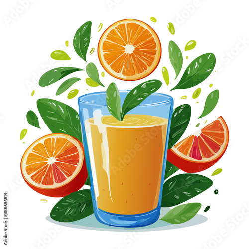 Tall Glass Of Cold Orange Juice With Straw And Sliced Oranges For Refreshing Summer Drink Art - Vector Illustration