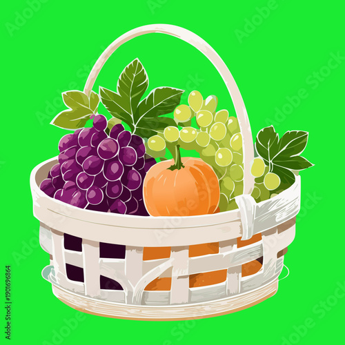 Basket Of Fresh Grapes And Orange Fruit On Vibrant Green Surface For Summer Picnic Concept Art - Vector Illustration