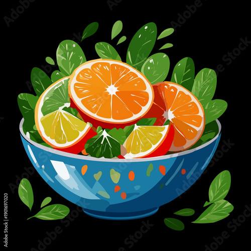 Assorted citrus fruit slices including orange and lemon in blue bowl for refreshing summer snack - Vector Illustration