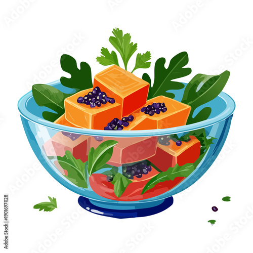 Bowl of sliced papaya with seeds and fresh mint leaves for tropical fruit lover and health - Vector Illustration