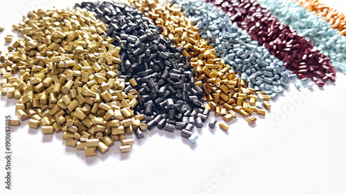 Foto Colorful polymer plastic masterbatch pellets arranged by shade, showcasing high-