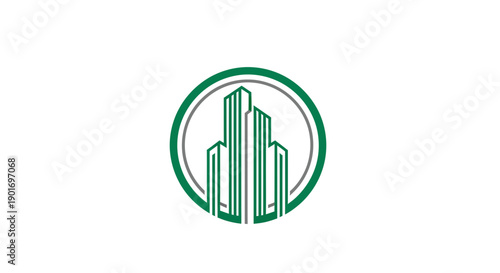 Green Urban Development Emblem: Modern Skyscraper Icon Within A Circular Design
