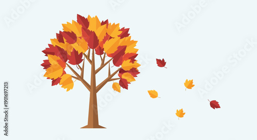 Autumn Tree with Falling Leaves, Seasonal Change, Vector Illustration