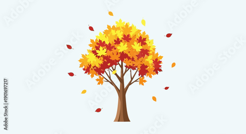 Autumn Tree with Falling Leaves, Vibrant Fall Colors, Isolated on White Background