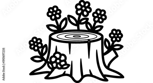 Black and White Illustration of a Tree Stump with Flowers Growing Out Of It