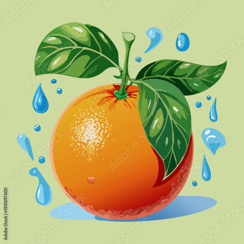 Fresh Orange Fruit On Light Blue Surface With Water Droplets For Summer Refreshment Concept Art Design - Vector Illustration