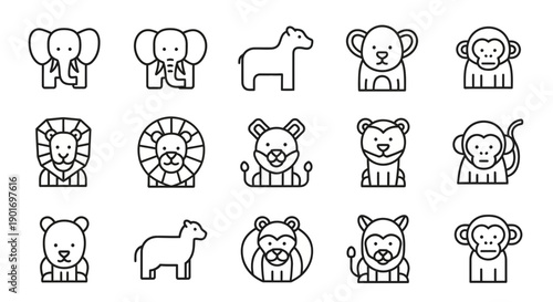 Canvas Print Cute Animal Icons Set: Lion, Elephant, Monkey, Horse, Bear - Line Art