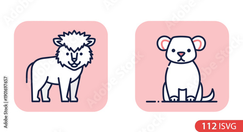 Cute Cartoon Animal Icons: Lion Cub and Bear Cub