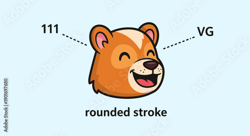 Cute Cartoon Bear Head with "111" and "VG" Labels, Rounded Stroke Style