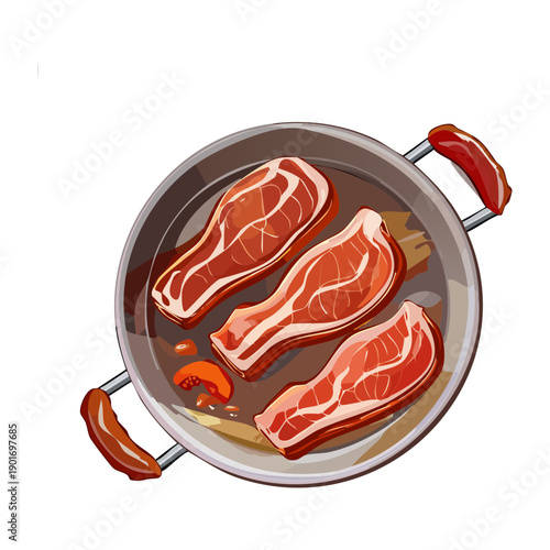 Bacon Slices Cooking In Pan For Savory Breakfast And Hearty Morning Meal Culinary Concept Art Design - Vector Illustration