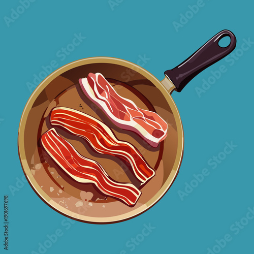 Crispy Bacon Strips Frying In Pan For Savory Breakfast And Traditional Morning Meal Concept Art Design - Vector Illustration