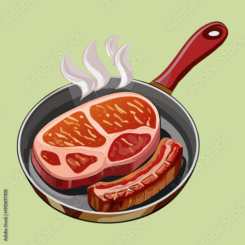 Grilled Beef Steak Sizzling In Frying Pan For Steakhouse Menu And Savory Dinner Concept Art Design - Vector Illustration