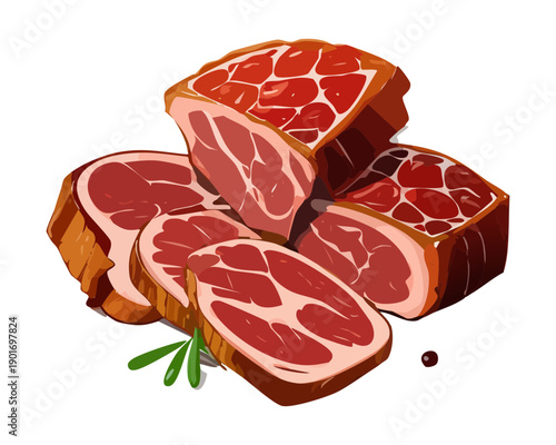 Assorted Meat Slices With Herbs For Gourmet Deli Platter And Traditional Charcuterie Board Concept Art Design - Vector Illustration