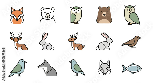 Photography Cute Forest Animals Icons Set: Fox, Bear, Owl, Deer, Rabbit, Bird, Wolf, Fish