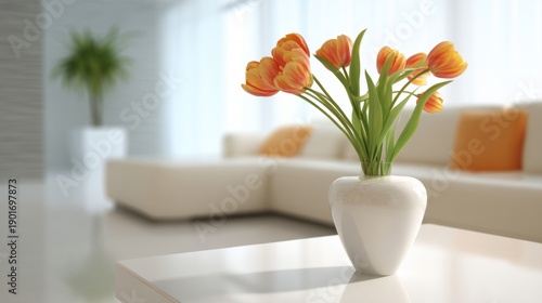 Bright and Cheerful Tulips in a Modern Living Room Setting with Neutral Tones and Soft Natural Light Enhancing the Vibrant Colors of the Flowers