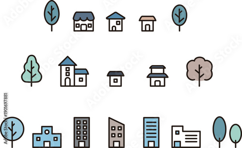 家とビルの街並みイラストセット。不動産、住宅街、都市開発のアイコン　飾り　デザイン素材