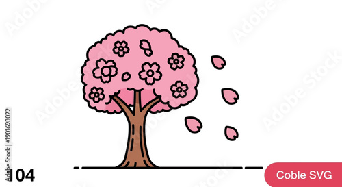 Cute Pink Cherry Blossom Tree Illustration, Petals Falling