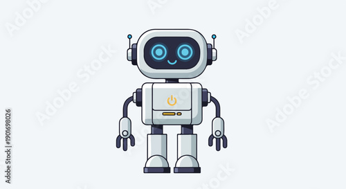 A cute robot with blue eyes and a yellow logo on its chest standing against a clean white background in a flat illustration style with a playful and friendly mood.