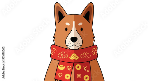Cute Shiba Inu Dog Wearing Red Scarf with Chinese New Year Symbols