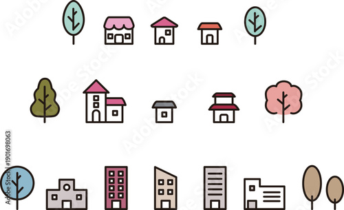 家とビルの街並みイラストセット。不動産、住宅街、都市開発のアイコン　飾り　デザイン素材