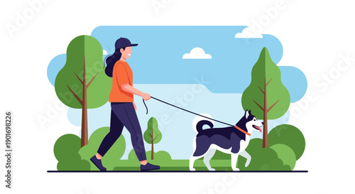 This cheerful flat design vector illustration captures the joy of a person walking their dog outdoors. It represents daily exercise and companionship with a clean, modern, and minimalist aesthetic.